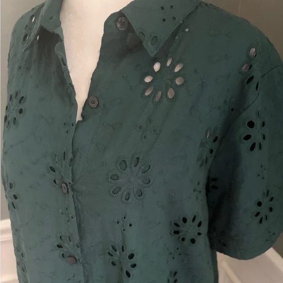 Loft Dress Womens size 10 Green Mini Eyelet Button Cottage Boho Summer Cotton - Picture 4 of 9